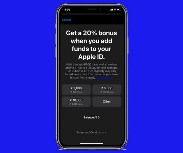 Apple App Store ในอินเดียให้เงินเพิ่มขึ้น 20 เปอร์เซ็นต์เมื่อคุณเติมเงินใน Apple ID ของคุณ
